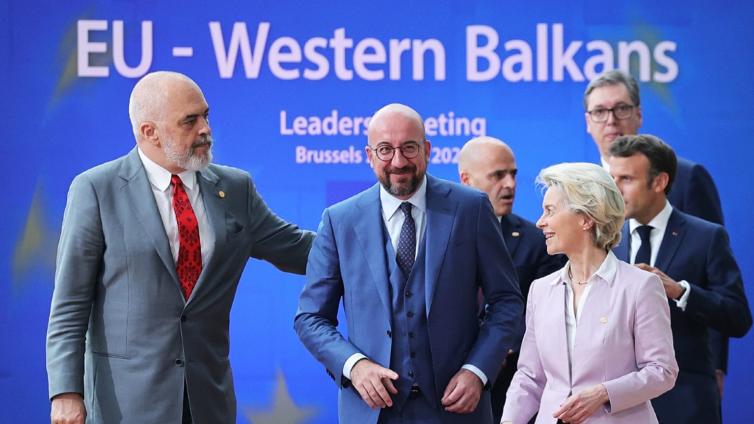 In the foreground, Albanian PM Edi Rama (L), European Council President Charles Michel (C), EU Commission President Ursula von der Leyen (R), in Brussels on June 23, 2022