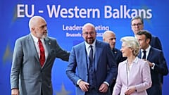 In the foreground, Albanian PM Edi Rama (L), European Council President Charles Michel (C), EU Commission President Ursula von der Leyen (R), in Brussels on June 23, 2022