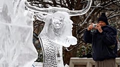 Un visiteur prend une photo d'une sculpture de glace lors du Festival du Bal de Neige à Ottawa au Canada, le 30 janvier 2016