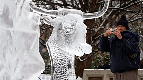 Various sculptures on display at Madrid's 2022 Ice Festival.
