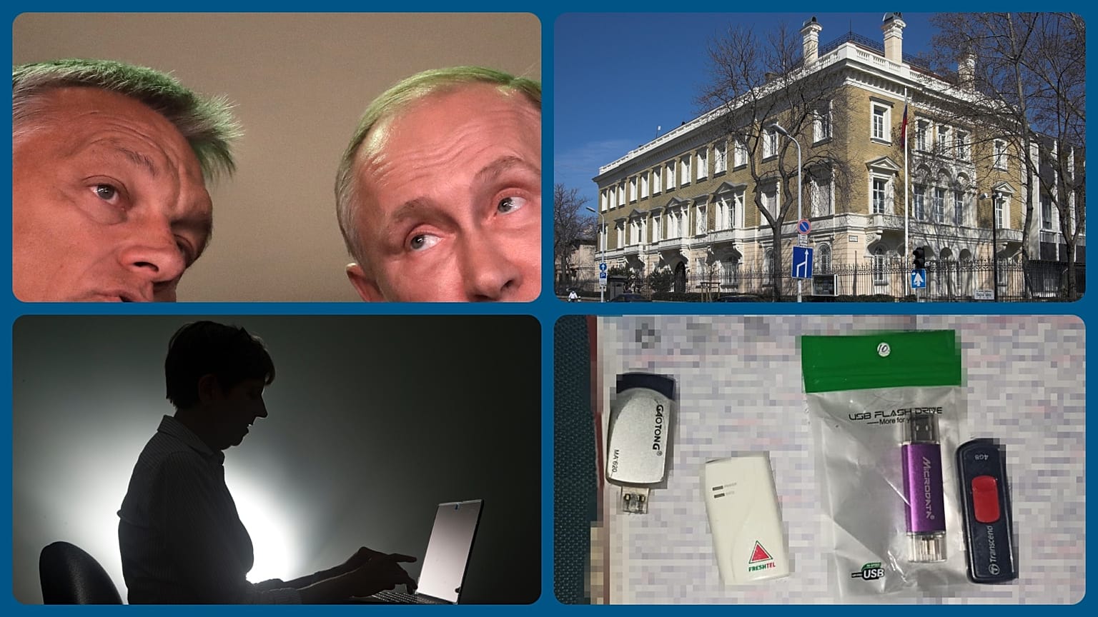 Orbán és Putyin 2017-ben, a budapesti orosz nagykövetség, egy hekker illusztrációja, az ukrán-magyar határon lefoglalt adathordozók
