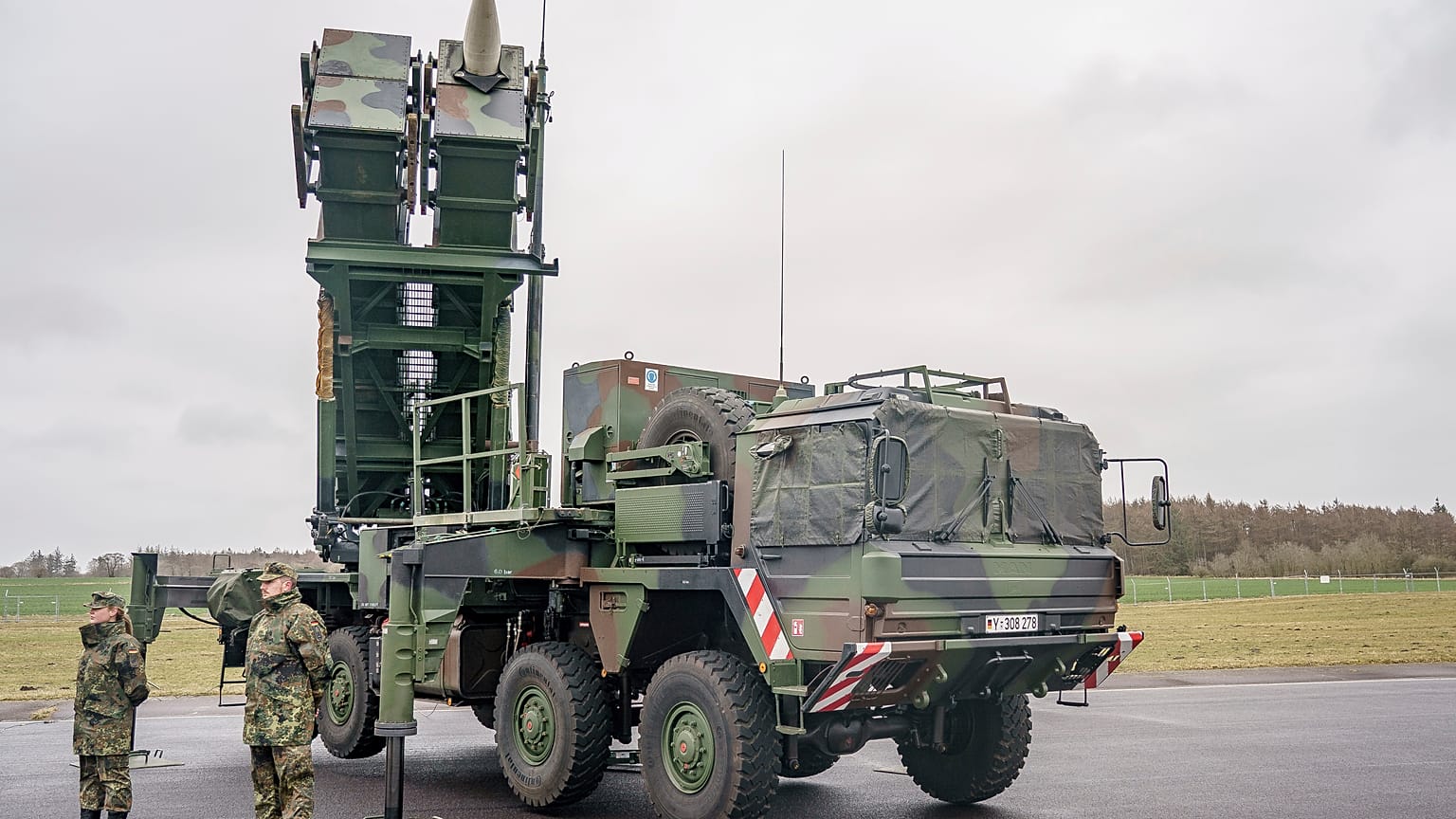 Ready-for-combat "Patriot" anti-aircraft missile systems of the German forces Bundeswehr's anti-aircraft missile squadron 1 stand. 