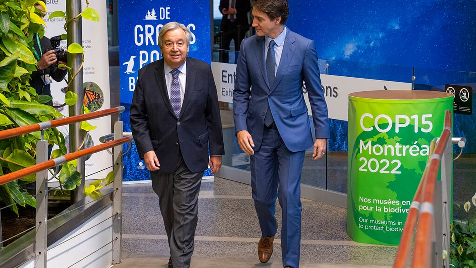 Canadian Prime Minister Justin Trudeau, right, greets Secretary-General of the United Nations Antonio Guterres as they hold a bilateral meeting in Montreal