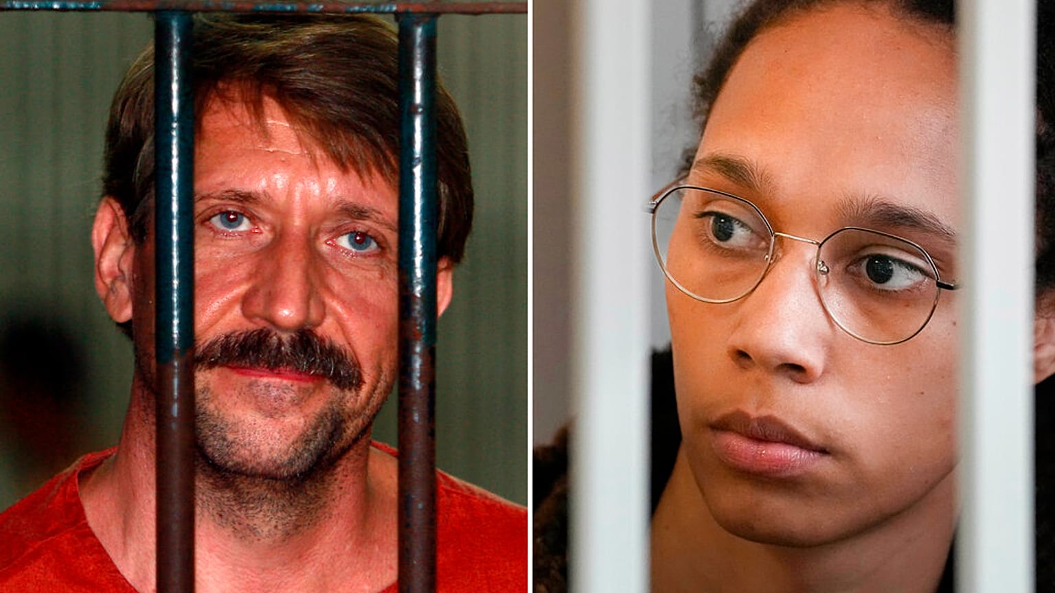 Viktor Bout fegyverkereskedő a bal oldalon és Brittney Griner a jobbon