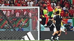 Juszef en-Nesziri (pirosban) a marokkói győztes gólt fejeli a portugál kapuba. 