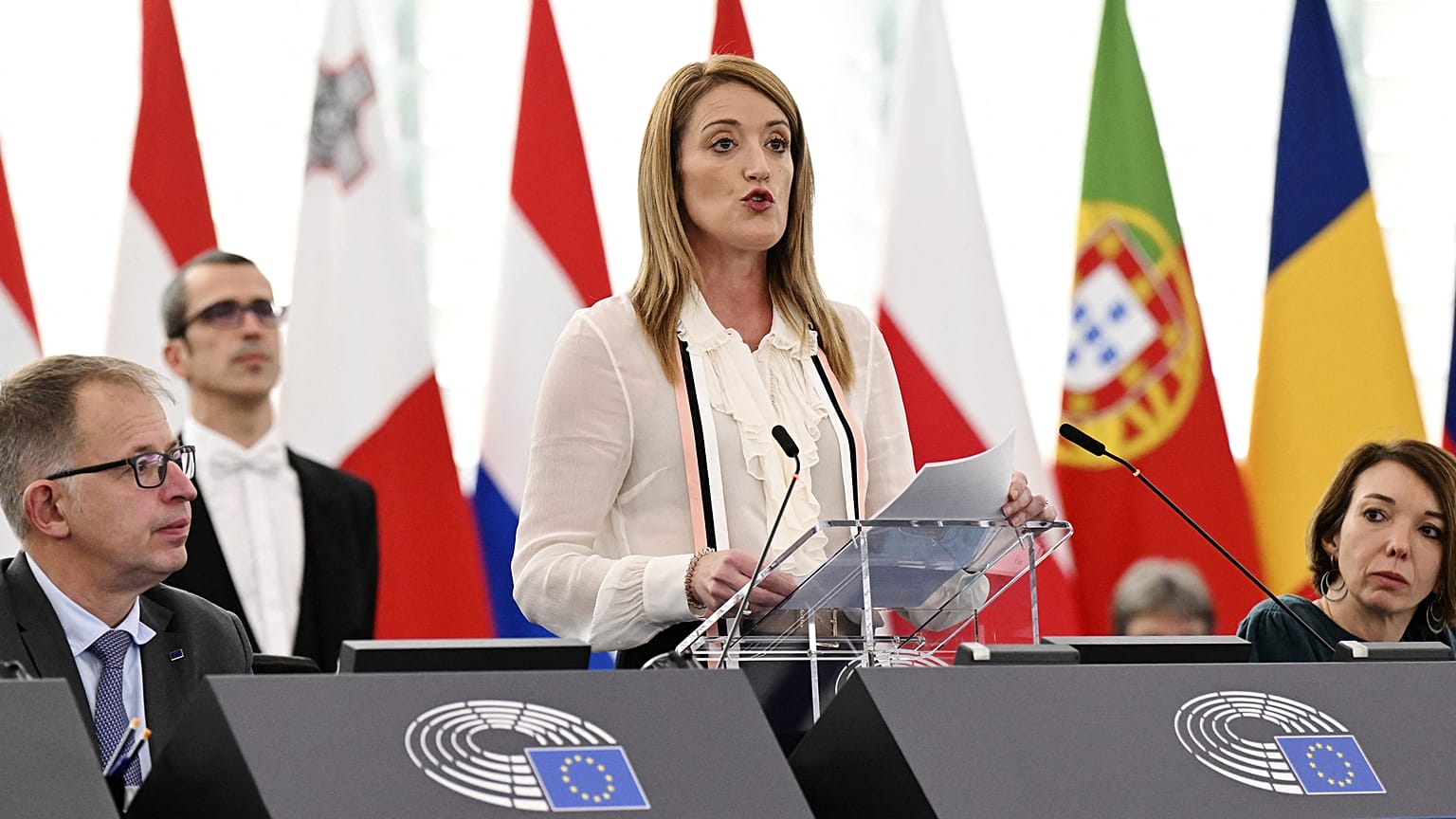 La présidente du Parlement européen, Roberta Metsola, le 12 décembre à Strasbourg 