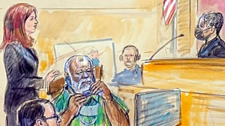 Representação grfica da audiência de Abu Agila Mas'ud  no tribunal, em Washington