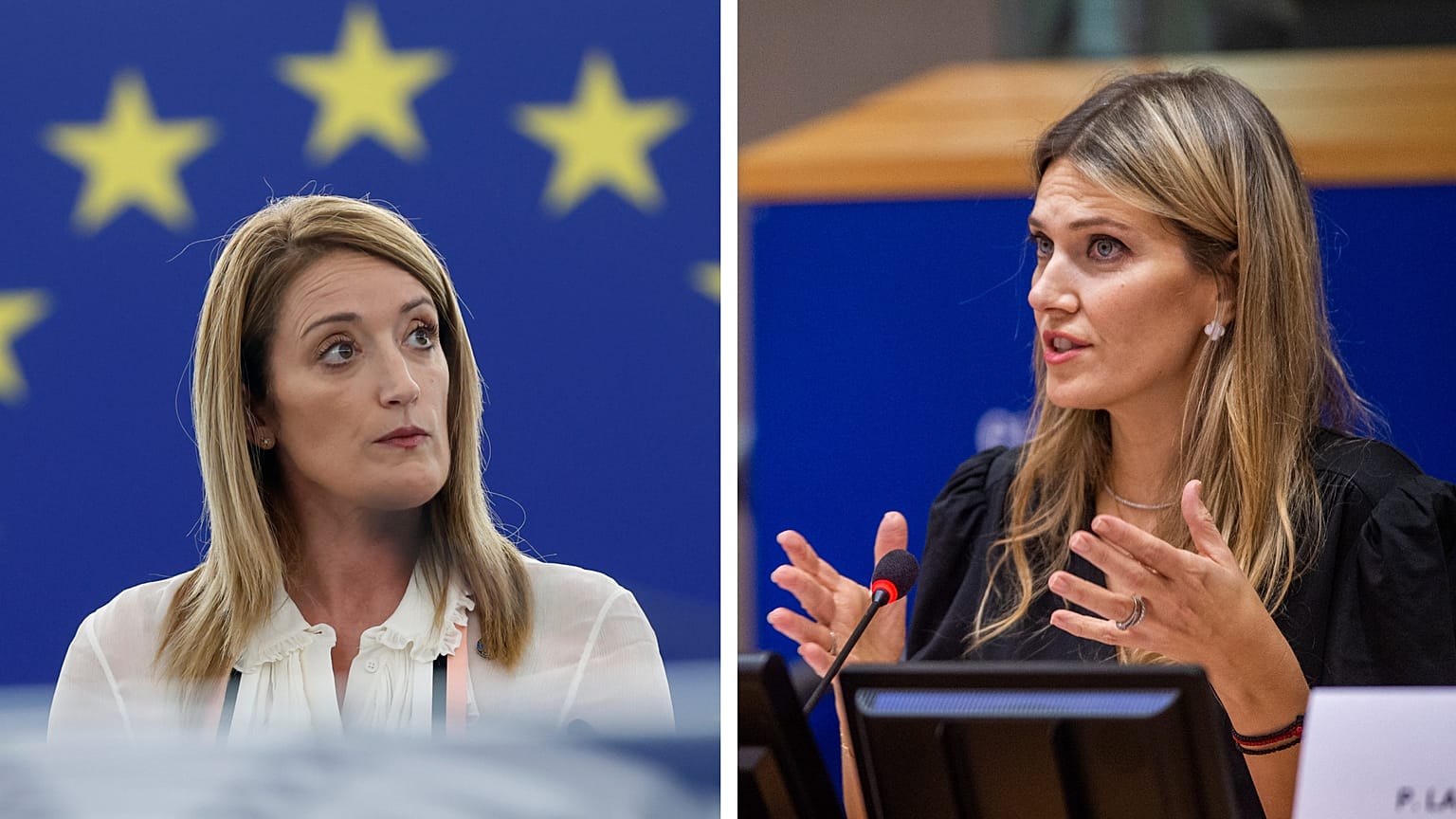 Presidente do Parlamento Europeu Roberta Metsola e a respetiva ex-VP Eva Kaili