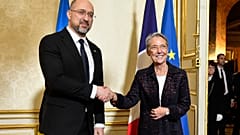Η πρωθυπουργός της Γαλλίας Ελιζαμπέτ Μπορν ανταλλάσσει χειραψία με τον Ουκρανό πρωθυπουργό Ντένις Σμίχαλ