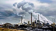 The blast furnaces of Tata Steel seen from the beach in Wijk aan Zee, Netherlands.