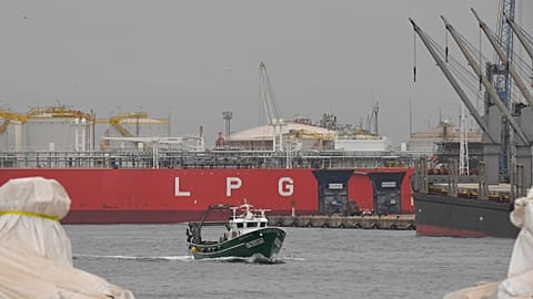 A picture taken on October 20, 2022 shows the LPG (Liquefied petroleum gas) tanker Hellas Poseidon, sailing under the flag of Malta, in Tarragona.