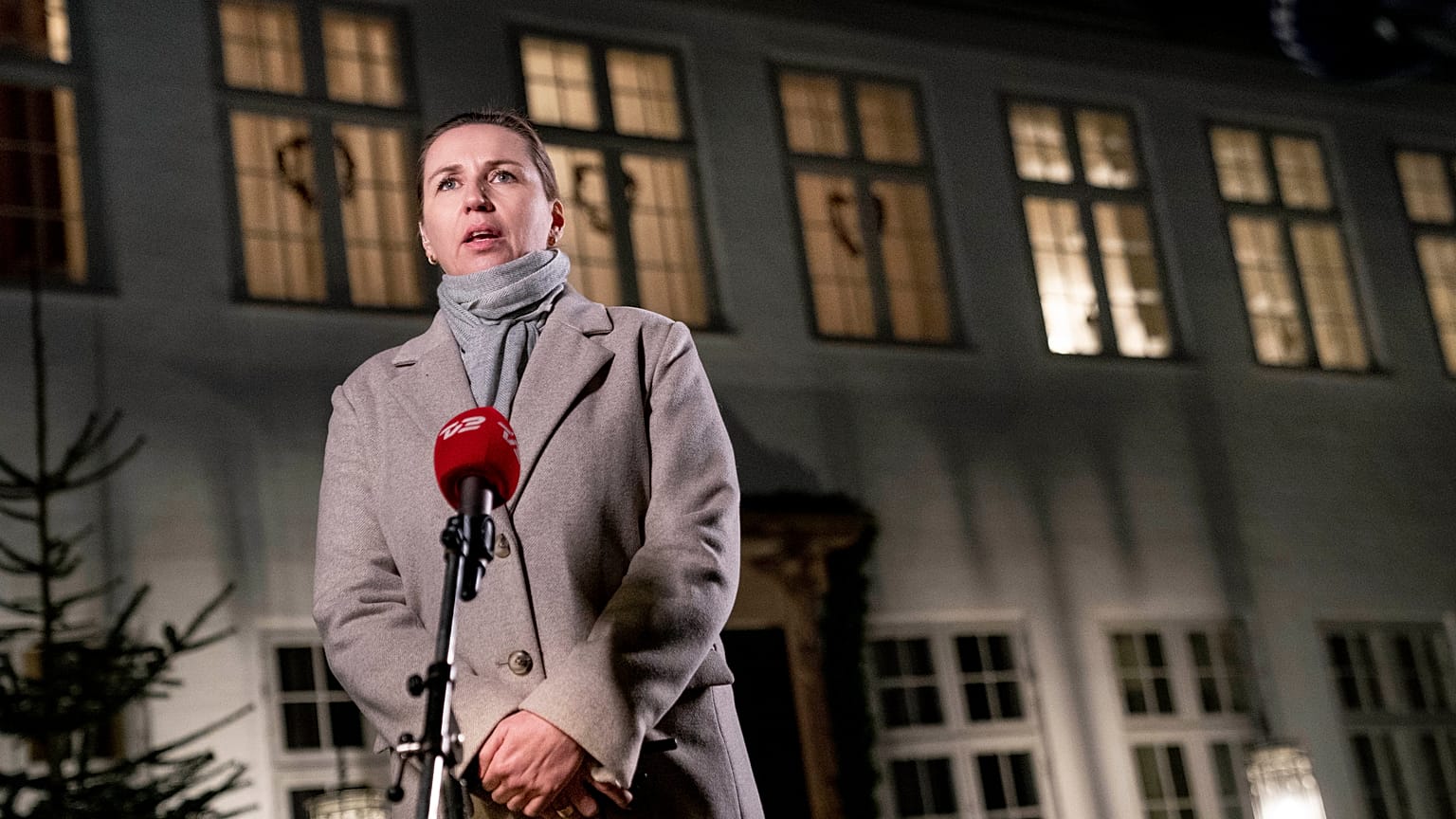 Mette Frederiksen chair of The Social Democrats and acting Prime Minister takes to the press during government negotiations at Marienborg in Copenhagen, Sunday Dec. 11, 2022.