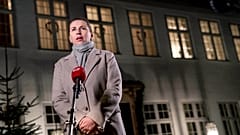 Mette Frederiksen chair of The Social Democrats and acting Prime Minister takes to the press during government negotiations at Marienborg in Copenhagen, Sunday Dec. 11, 2022.