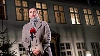 Mette Frederiksen chair of The Social Democrats and acting Prime Minister takes to the press during government negotiations at Marienborg in Copenhagen, Sunday Dec. 11, 2022.