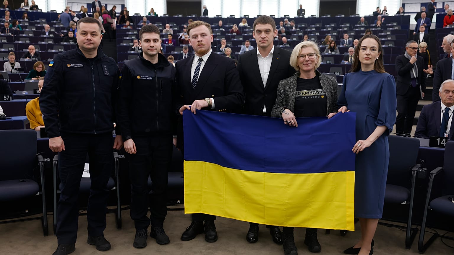 Ukrainian elected politicians & civil society members accept the Sakharov Prize for Freedom of Thought Award, the EU’s top human rights prize, Dec. 14, 2022 in Strasbourg.