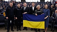 Ukrainian elected politicians & civil society members accept the Sakharov Prize for Freedom of Thought Award, the EU’s top human rights prize, Dec. 14, 2022 in Strasbourg.