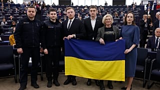 Ukrainian elected politicians & civil society members accept the Sakharov Prize for Freedom of Thought Award, the EU’s top human rights prize, Dec. 14, 2022 in Strasbourg.