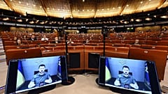 Volodymyr Zelenskyy is seen on screen as he remotely addresses the Parliamentary Assembly of the Council of Europe in Strasbourg on October 13.