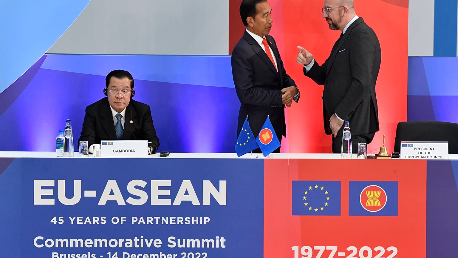 European Council President Charles Michel, right, speaks with Indonesia's President Joko Widodo, centre, during the opening ceremony at an EU-ASEAN summit in Brussels.