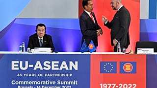 European Council President Charles Michel, right, speaks with Indonesia's President Joko Widodo, centre, during the opening ceremony at an EU-ASEAN summit in Brussels.