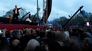 Istanbul Mayor Ekrem Imamoglu speaks to his supporters while they gather in front of the municipal building in Istanbul, Thursday, Dec. 15, 2022