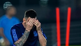 Argentina's Lionel Messi gestures during a training session on the eve of the final soccer match between Argentina and France