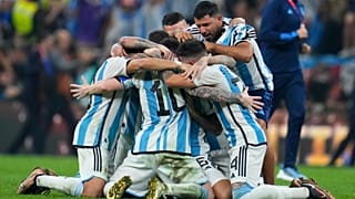 Players of Argentina celebrate defeating France in the World Cup final soccer match between Argentina and France at the Lusail Stadium in Lusail, Qatar, Sunday, Dec. 18, 2022.