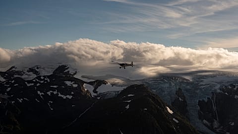 Aviator and adventurer Garrett Fisher flies his plane above the Folgefonna glacier in Norway.