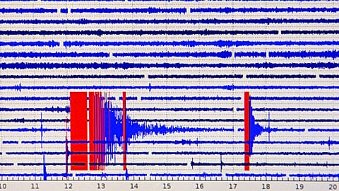 A seismograph report at Lick Observatory shows the readout of a magnitude 5.1 earthquake east of San Jose, Calif., Tuesday, Oct. 25, 2022. (Karl Mondon/Bay Area News Group via
