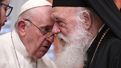 Pope Francis meets Archbishop of Athens and leader of Greece's Orthodox Church, Ieronymos II at the Orthodox archbishopric in Athens, Greece, on Dec. 4, 2021. 