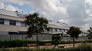 A man walks with his dog in front of houses with solar panels in Rivas Vaciamadrid, Spain.