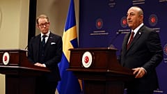 Tobias Billström blickt skeptisch rüber zu seinem türkischen Amtskollegen in Ankara