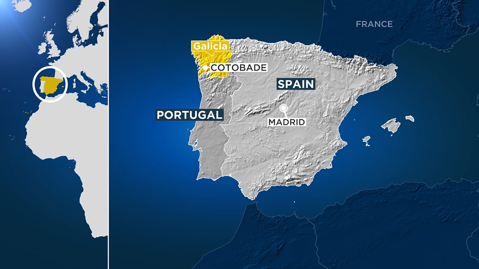Map showing town of Cotobade in Galicia where a bus crash killed 5 people, 24 December 2022
