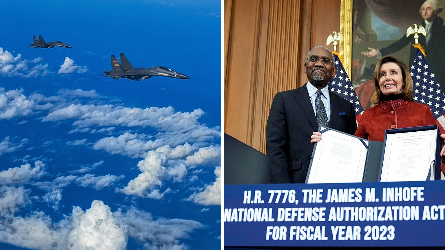 تصویب بودجه دفاعی آمریکا برای سال ۲۰۲۳ (تصویر راست) و رزمایش هوایی چین در اطراف تایوان در ماه اوت ۲۰۲۲ (تصویر چپ)