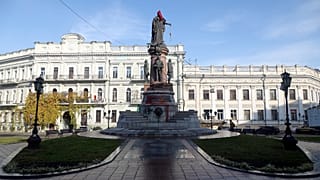 Statue of Empress Catherine the Great of Russia with an executioner's hood on the statue's head and a rope with a noose in it's hand placed by activists, in Odessa.