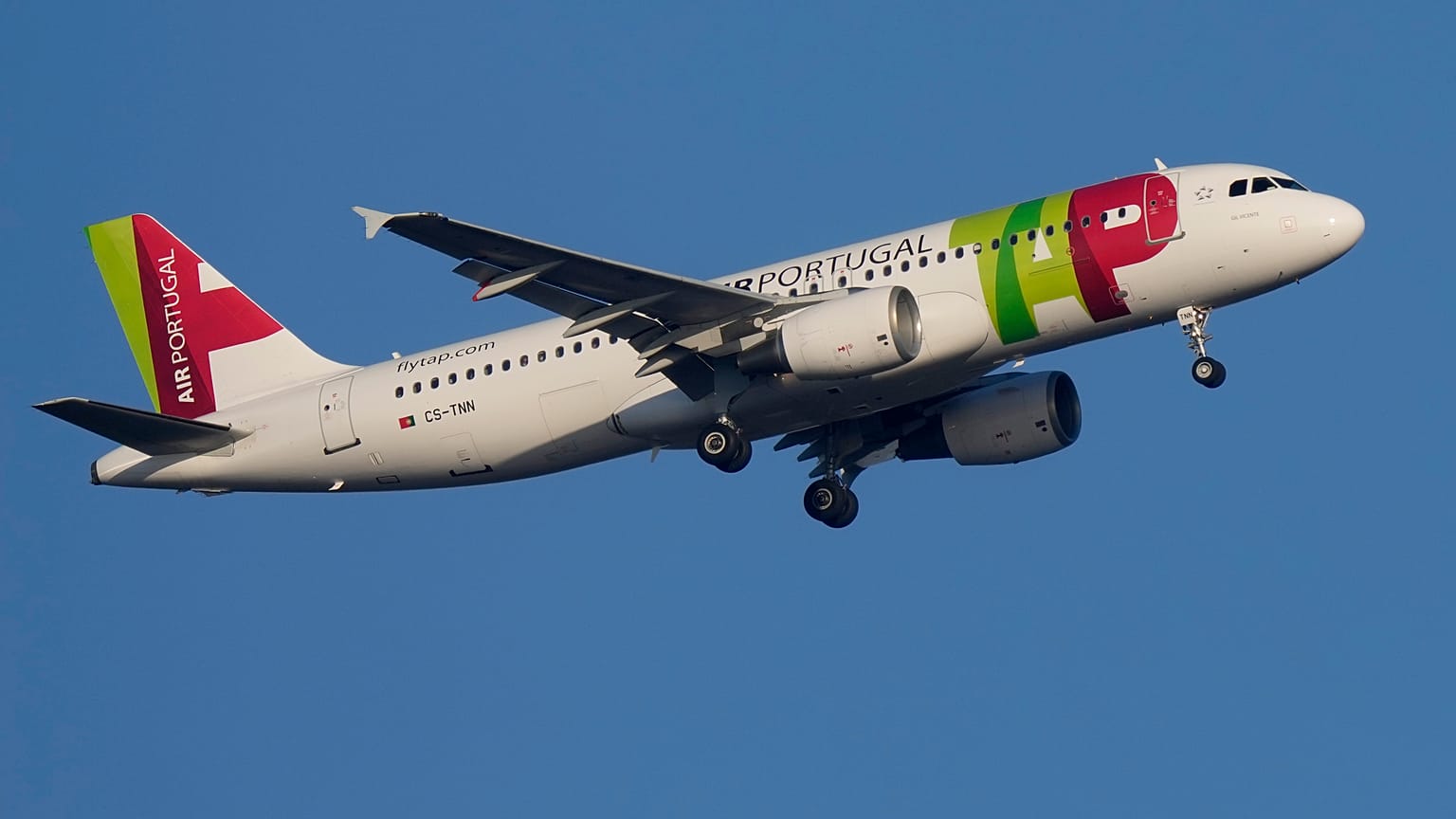 A TAP Air Portugal Airbus A320 approaches for landing in Lisbon.