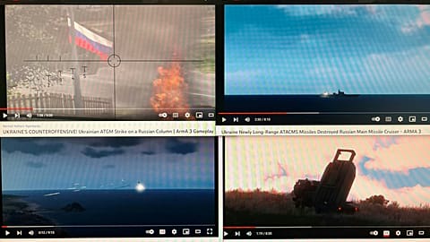 A computer screen with four YouTube windows displaying combat clips from Arma 3.