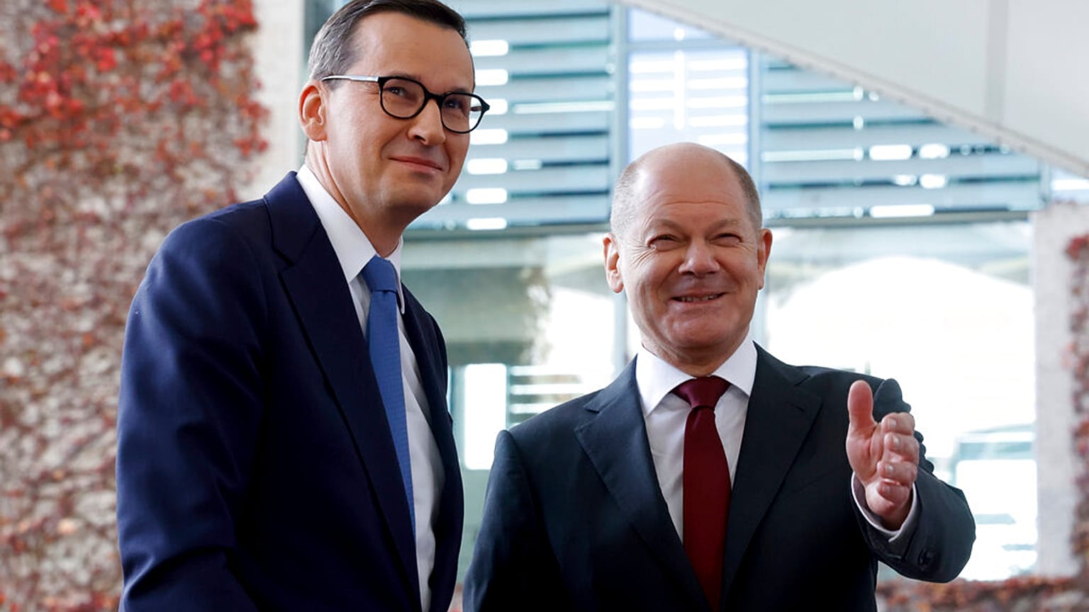 German Chancellor Olaf Scholz welcomes Poland's Prime Minister Mateusz Morawiecki in Berlin, Germany, Thursday, Nov. 3, 2022. 