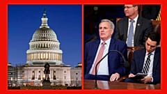 A g. : le bâtiment du Congrès à Washington (archives) /  a dr. : le représentant de Californie (Républicain), Kevin McCarthy, le 03/01/2023