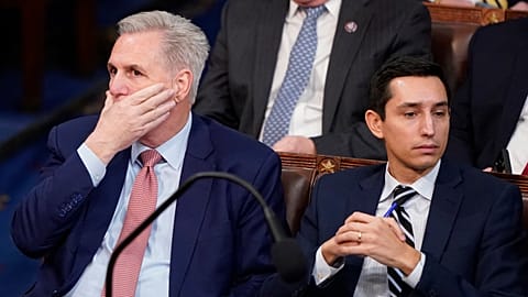 Republican Kevin McCarthy listens during the second round of votes for Speaker of the House at the US Capitol.