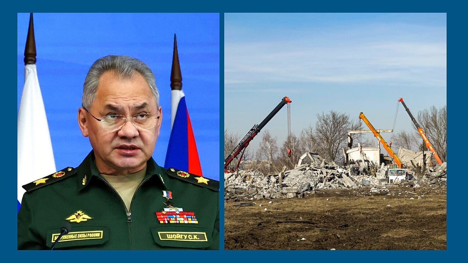 A g. : le ministre russe de la Défense (photo d'archives) / A dr.: débris du bâtiment frappé par des bombardements ukrainiens à Makiïvka, (photo du 03/01/2023)