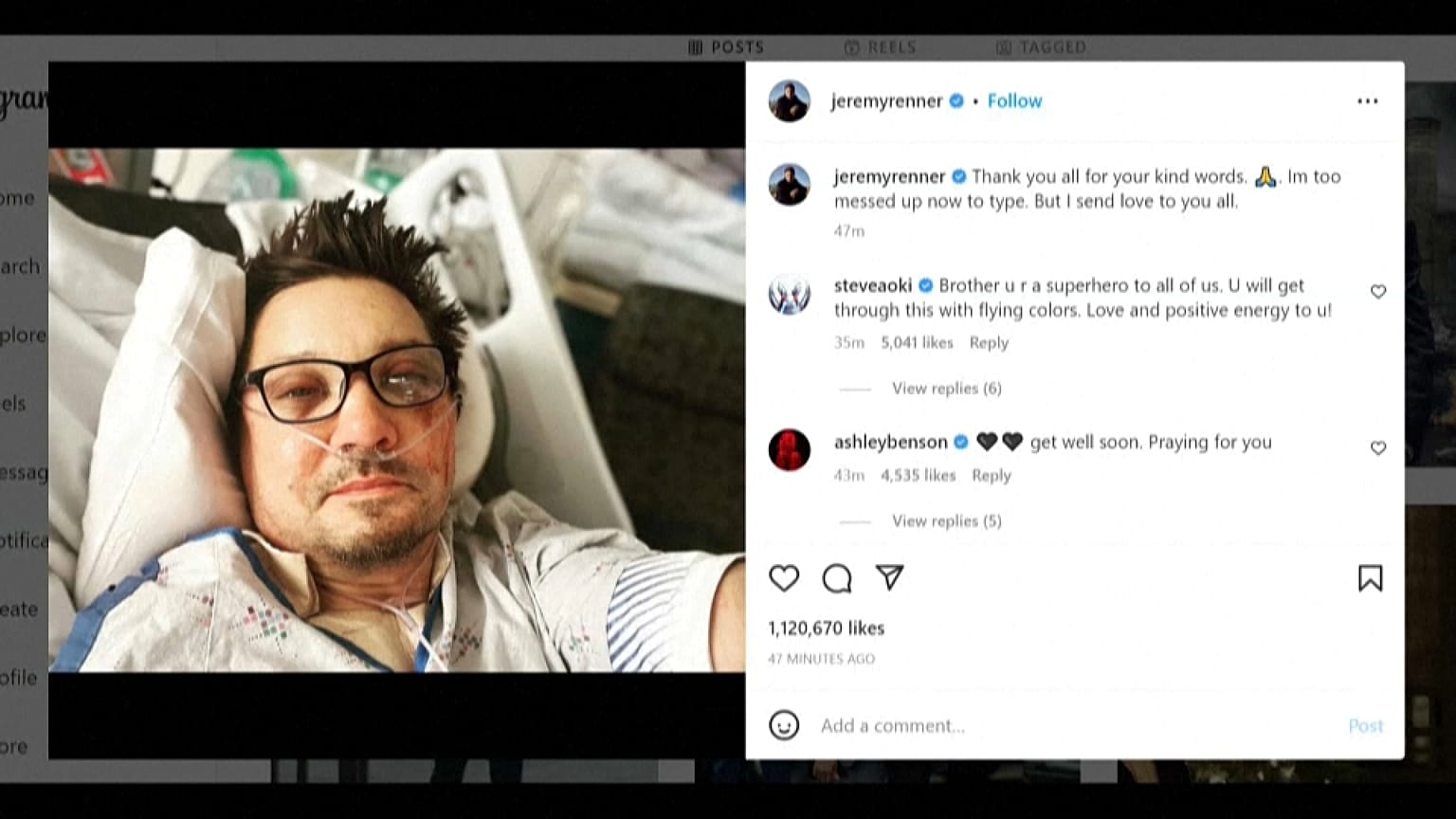Jeremy Renner ringrazia i suoi fan su Instagram.