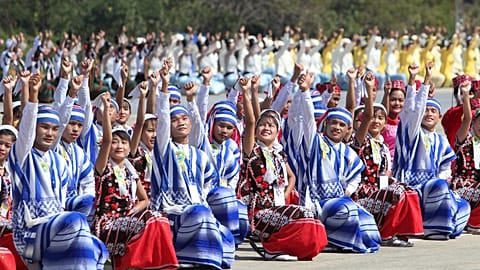 Kayin's traditional artist group performs during a ceremony marking Myanmar's 75th anniversary of Independence Day in Naypyitaw, Myanmar, Wednesday, Jan. 4, 2023