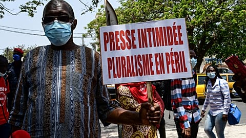 Manifestation devant le ministère de la Culture et de la Communication dans le cadre de la Journée mondiale de la liberté de la presse à Dakar (Sénégal) - 03.05.2021