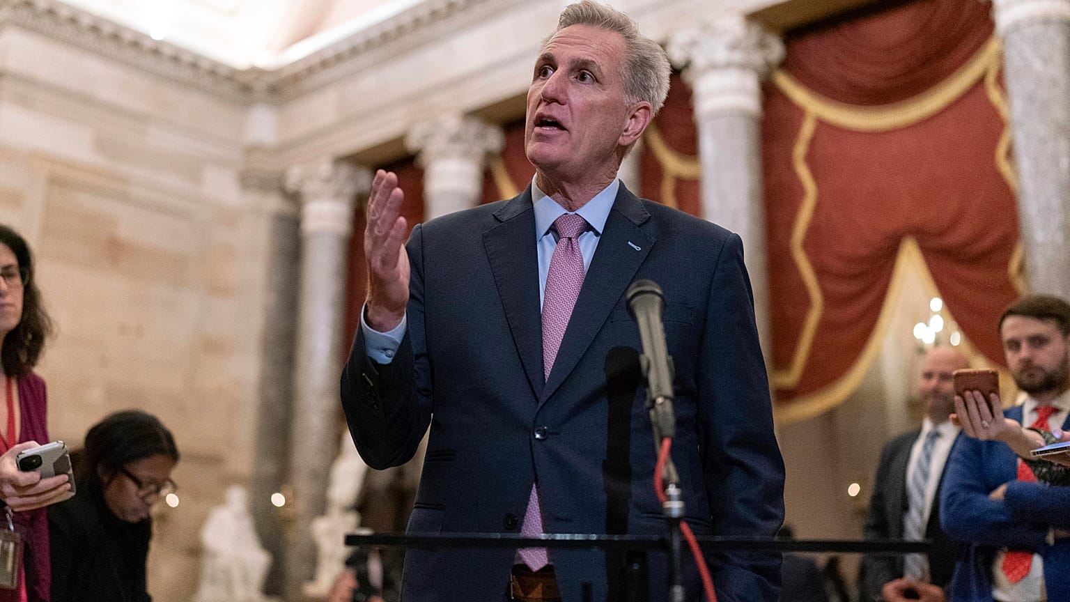 Newly-elected Speaker of the House Kevin McCarthy talks to reporters after a contentious battle to lead the GOP majority in the 118th Congress