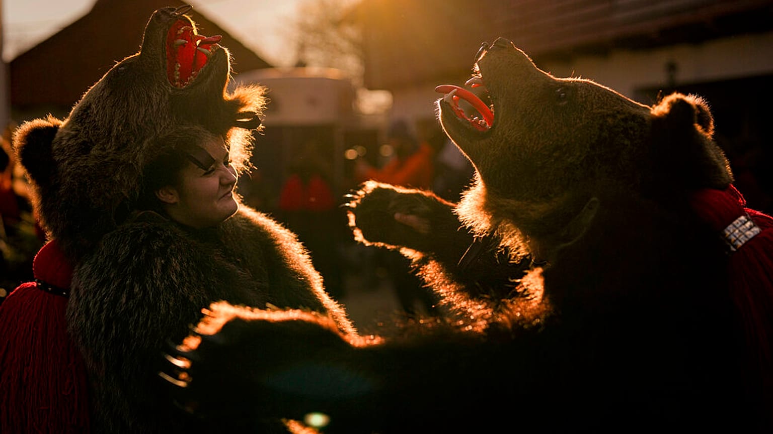 People wearing bear fur costumes prepare to take part in a parade showcasing regional winter traditions in Comanesti, northeastern Romania, Friday, Dec. 30, 2022. 