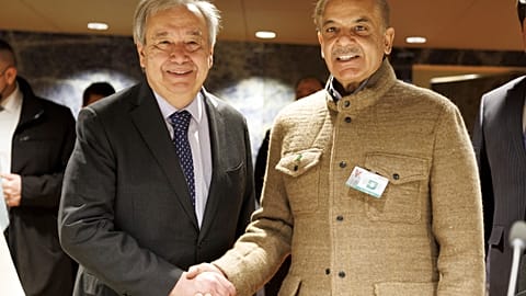 UN Secretary-General Antonio Guterres shakes hand with the Prime Minister of Pakistan Shehbaz Sharif in Geneva