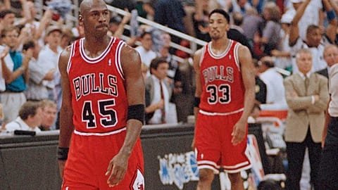 Michael Jordan and fellow Chicago Bulls player, Scottie Pippen, at an NBA basketball playoff game in Orlando (1995).