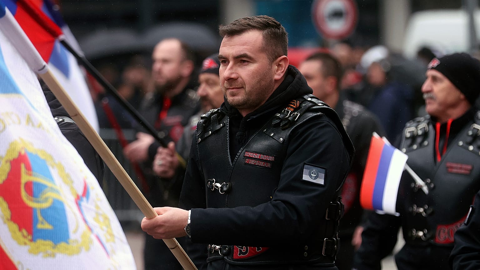 Local members of Russian Night Wolves Motorcycle Club march during a "National Day" parade in Lukavica, East Sarajevo, 9 January 2023