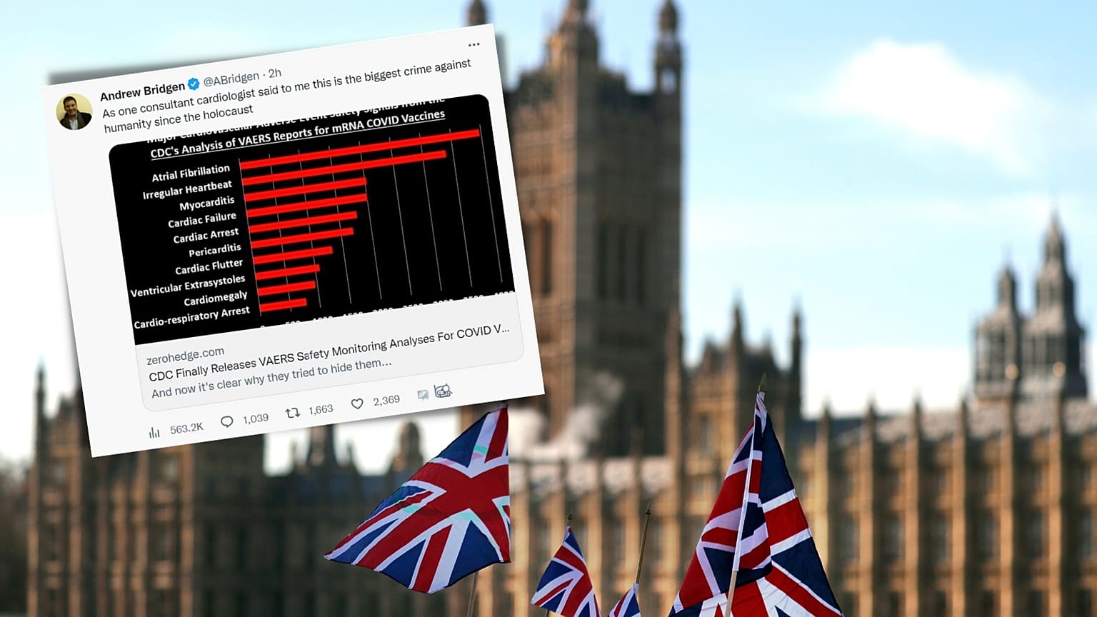 Composite image showing Houses of Parliament, UK flags, and tweet from MP Andrew Bridgen